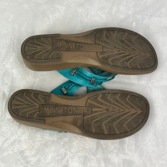 Minnetonka Turquoise Leather Concho Thong Sandals Size 9 Slip-On Comfort Casual - Picture 5 of 8